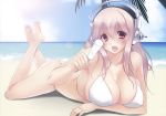  1girl ayase_hazuki barefoot beach bikini blush breasts cleavage headphones highres holding large_breasts long_hair looking_at_viewer lying nitroplus ocean on_stomach open_mouth palm_tree pink_hair popsicle red_eyes scan sky smile solo super_sonico swimsuit tree white_bikini white_swimsuit 