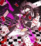  1girl black_hair black_legwear cake card celestia_rudenberk checkered checkered_floor cup dangan_ronpa dress drill_hair drinking food frills gothic_lolita hairband high_heels l_no_hito lolita_fashion lolita_hairband long_hair necktie playing_card red_eyes solo sugar table teacup thighhighs twin_drills 