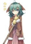  /\/\/\ 1girl adapted_costume ahoge alternate_costume animal_ears blush broom coat dress gloves green_eyes green_hair kasodani_kyouko long_sleeves looking_at_viewer pink_dress scarf short_hair simple_background smile solo teco_uk touhou white_background wink winter_clothes 