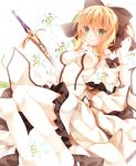  1girl blonde_hair blush bow caliburn detached_sleeves dress fate/stay_night fate/unlimited_codes fate_(series) flower frills gloves green_eyes hair_bow long_hair mog_(artist) ponytail saber saber_lily solo sword thighhighs weapon 