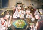  4girls ahoge black_eyes black_hair board_game brown_eyes brown_hair card compass detached_sleeves error_musume glasses gotaishu hairband haruna_(kantai_collection) hiei_(kantai_collection) japanese_clothes kantai_collection kirishima_(kantai_collection) kongou_(kantai_collection) multiple_girls nontraditional_miko open_mouth personification settlers_of_catan siblings sisters sweatdrop wide_sleeves 