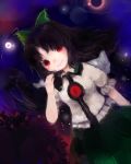  1girl bird_wings black_hair blouse bow cape dutch_angle gradient gradient_background hair_bow hand_in_hair highres light_trail long_hair looking_at_viewer maccha_cocoa red_eyes reiuji_utsuho short_sleeves skirt smile solo starry_sky_print sun third_eye touhou 