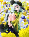  1girl ankle_boots blouse blurry blush boots depth_of_field floral_background floral_print flower green_eyes hat hat_ribbon head_tilt heart heart_of_string highres knees_up komeiji_koishi leaning leg_hug light_particles looking_at_viewer open_mouth ribbon rose short_hair silver_hair sitting skirt solo third_eye touhou yellow_rose ymd_(holudoun) 