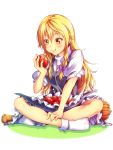  1girl :t ankle_socks apple blonde_hair bow braid broom eating food fruit hair_bow hat hat_basket hat_on_lap hat_removed headwear_removed high_collar indian_style kirisame_marisa long_hair looking_down no_shoes satoutakahumi shadow short_sleeves simple_background single_braid sitting solo touhou white_background yellow_eyes 