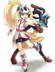  1girl arigato_(rmskrtkdlqj) bare_shoulders bicycle_helmet bike_shorts blonde_hair fingerless_gloves gloves gym_leader helmet koruni_(pokemon) long_hair lucario mega_lucario mega_pokemon open_mouth pokemon pokemon_(creature) pokemon_(game) pokemon_xy ponytail roller_skates skates 