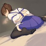  1girl arms_tied bdsm bondage brown_eyes brown_hair from_behind heavy_breathing japanese_clothes kaga_(kantai_collection) kantai_collection looking_at_viewer nakatani personification ponytail side_ponytail sitting solo sweat thighhighs wariza 