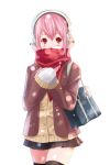 1girl bag blush breasts headphones highres large_breasts long_hair looking_at_viewer nitroplus pink_eyes pink_hair scarf solo super_sonico thigh-highs 