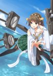  bare_shoulders blue_eyes blue_sky brown_hair cannon clouds detached_sleeves hairband headgear hiei_(kantai_collection) highres japanese_clothes kantai_collection nontraditional_miko ocean open_mouth otsumamin pantyhose personification plaid short_hair skirt sky smile thighhighs turret water 