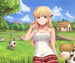 1girl animal blonde_hair blue_eyes breasts cleavage cloudy_sky cow dress farm fence forest grass horns house long_hair looking_at_viewer moda nature one_piece sleeveless smile solo yumiyokiak 