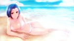  1girl bikini blue_hair breasts cleavage highres idolmaster ima_(lm_ew) lying miura_azusa on_side red_eyes short_hair swimsuit 