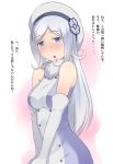  1girl :o aila_jyrkiainen bare_shoulders blue_eyes blush breasts dress elbow_gloves fur_trim gloves gundam gundam_build_fighters hat katatsuka_kouji long_hair silver_hair solo translation_request 