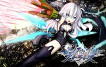  1girl absurdres aqua_eyes black_heart bodysuit breasts choujigen_game_neptune cleavage gun highres long_hair open_mouth rasenmikun solo symbol-shaped_pupils weapon white_hair 