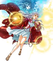  2girls bangs cape circlet curly_hair dress fire_emblem fire_emblem:_radiant_dawn fire_emblem_heroes full_body grey_background highres kita_senri long_hair magic micaiah multiple_girls official_art open_mouth sandals teeth transparent_background white_hair wide_sleeves yellow_eyes yune 