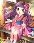  1girl autumn_leaves brown_eyes japanese_clothes long_hair looking_at_viewer open_mouth original purple_hair sitting smile solo tin_(wsp85205) 