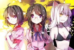  animal_ears black_hair black_hanekawa braid cat_ears glasses hanekawa_tsubasa long_hair monogatari_(series) red_(girllove) school_uniform short_hair twin_braids violet_eyes white_hair yellow_eyes 