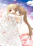  2girls blonde_hair blue_eyes brown_hair carrying clouds dress elbow_gloves fate_testarossa fatexnano gloves happy long_hair lyrical_nanoha mahou_shoujo_lyrical_nanoha_strikers married multiple_girls princess_carry red_eyes side_ponytail sky takamachi_nanoha tuxedo very_long_hair wedding_dress white_gloves wink yuri 