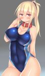  1girl blonde_hair breasts collar competition_swimsuit dog_collar highres kutan large_breasts long_hair one-piece_swimsuit original ponytail red_eyes swimsuit 