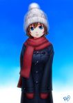  1girl blue_eyes brown_hair hat jacket mittens original scarf short_hair smile solo winter_clothes 