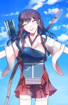  1girl :p ^_^ akagi_(kantai_collection) archery arrow blue_sky blush bow_(weapon) brown_hair closed_eyes clouds hakama_skirt japanese_clothes kantai_collection kyuudou long_hair muneate niga open_mouth outstretched_arms personification quiver skirt sky smile thighhighs tongue weapon white_legwear 