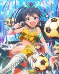  :d aqua_eyes armband ball black_hair blush character_name confetti crop_top crop_top_overhang earrings fang ganaha_hibiki hamster hamuzou idolmaster idolmaster_million_live! jewelry long_hair looking_at_viewer microphone midriff navel official_art open_mouth ponytail shiny shiny_skin skirt smile soccer_ball wristband 