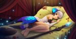  1girl bare_shoulders barefoot bed canopy_bed crown detached_sleeves gwendolyn hair_bun highres legs_together lying odin_sphere on_side petals pillow polearm shield short_hair silver_hair skirt solo spear sunimu violet_eyes weapon 