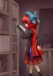  1girl ankle_boots arm_behind_back blouse book bookshelf boots bow cape hair_bow indoors kokomo1911 long_sleeves open_book reading red_eyes redhead sekibanki short_hair skirt solo standing table touhou 