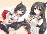  3girls black_hair blush braid closed_eyes detached_sleeves fusou_(kantai_collection) hair_ornament kantai_collection long_hair multiple_girls open_mouth red_eyes red_legwear ribbon shigure_(kantai_collection) short_hair skirt smile thighhighs yamashiro_(kantai_collection) 