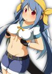  1girl bandana belt black_gloves blue_hair blush breasts dizzy fingerless_gloves gloves guilty_gear highres long_hair looking_at_viewer midriff mirano navel red_eyes shorts solo tail twintails underboob 
