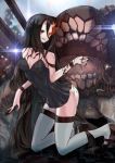  1girl ass black_hair blush bracelet breasts brown_eyes horns jewelry kantai_collection long_hair looking_at_viewer monster open_mouth red_eyes rocknroll smile solo thighhighs very_long_hair 