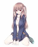  1girl atarashi_ako breasts brown_hair highres long_hair red_eyes saki shoes side_ponytail simple_background sneakers solo takakamo_shizuno takakamo_shizuno_(cosplay) thighs white_background yui_(imprinting) zipper 