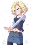 1girl 3boys android_16 android_17 android_18 belt black_legwear blonde_hair blue_eyes breasts buckle cleavage dragon_ball dragon_ball_z earrings jewelry k10k long_sleeves midriff multiple_boys navel pantyhose short_hair skirt wind 