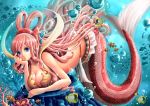  1girl animal bikini blue_eyes breasts bubble chin_rest cleavage clownfish coral earrings fish fish_tail frilled_bikini frills hair_ornament hairclip jewelry long_hair mermaid monster_girl one_piece pink_hair shirahoshi solo striped_tail swimsuit tail underwater very_long_hair yumiyokiak 