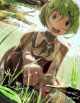  1girl absurdres adnod character_name from_below grass green_eyes green_hair highres ladybug open_mouth pointing short_hair solo touhou wriggle_nightbug 