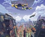  airship arsenixc bird bridge car city clouds highres motor_vehicle road scenery sky street tagme train vehicle 