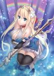  1girl blonde_hair blue_eyes boots breasts cleavage crown flower garter_straps gauntlets hair_ornament long_hair original pleated_skirt polearm rainbow ray-akila skirt solo thighhighs trident weapon 