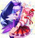  2girls arm_warmers choker detached_sleeves dress eyelashes hair_ornament happy heart heterochromia highres holding_hands long_hair looking_at_viewer magical_girl mochisoldier multiple_girls open_mouth original pink_hair ponytail precure purple_dress purple_hair red_eyes short_hair smile thighhighs wrist_cuffs yellow_eyes 