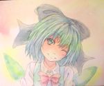 cirno face highres smile solo touhou traditional_media wink yuyu_(00365676) 