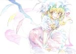  1girl ascot blonde_hair colored_pencil_(medium) dress flandre_scarlet highres looking_at_viewer mob_cap open_mouth oshake pencil_crayon_(medium) puffy_sleeves red_dress red_eyes shirt short_sleeves side_ponytail smile solo touhou traditional_media v_arms wings 