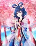  1girl alternate_costume blue_eyes blue_hair cherry_blossoms dress floral_print flower hagoromo hair_flower hair_ornament hair_rings hair_stick head_tilt jewelry kaku_seiga looking_at_viewer necklace outdoors parted_lips pearl robe sash shawl short_hair sleeveless sleeveless_dress solo touhou tree uranaishi_(miraura) 