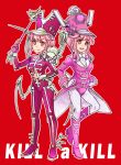  2girls alternate_costume baton bodysuit boots dual_persona hat high_heel_boots high_heels highres icl jakuzure_nonon kill_la_kill knee_boots multiple_girls pink_eyes pink_hair red_background shako_cap short_hair skull small_breasts 