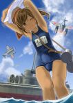  1girl ;) aichi_m6a_seiran bare_shoulders blue_sky blush brown_eyes brown_hair clouds i-401 i-401_(kantai_collection) imperial_japanese_navy japanese_flag kantai_collection name_tag ocean one-piece_swimsuit personification ponytail rising_sun school_swimsuit seaplane short_hair short_ponytail sky smile submarine swimsuit undressing water wink yoropa 