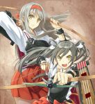  2girls airplane armor arrow black_hair bow_(weapon) gloves hair_ribbon hairband highres japanese_clothes kantai_collection looking_at_viewer multiple_girls muneate onow open_mouth personification ribbon shoukaku_(kantai_collection) silver_hair twintails weapon yellow_eyes zuikaku_(kantai_collection) 