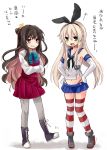  2girls blonde_hair brown_hair green_eyes kantai_collection long_hair multicolored_hair multiple_girls naganami_(kantai_collection) pantyhose pink_eyes pink_hair shimakaze_(kantai_collection) striped striped_legwear thighhighs translation_request 