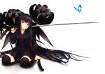  1girl black_hair butterfly katana long_hair noririn original red_eyes revision school_uniform serafuku solo sword thigh-highs weapon 
