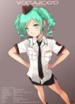  1girl 2007 2013 character_name copyright_name earrings green_eyes green_hair hands_on_hips hat hatsune_miku highres jewelry kowiru necktie skirt smile solo twintails vocaloid 