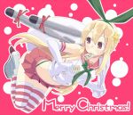  1girl alternate_color blonde_hair elbow_gloves gloves hair_ribbon hujikok kantai_collection long_hair microskirt mouth_hold panties personification red_eyes ribbon shimakaze_(kantai_collection) skirt socks solo striped striped_legwear sweatdrop thighhighs torpedo underwear 