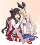  2girls black_hair blonde_hair blush fang gloves green_eyes headband kantai_collection long_hair multicolored_hair multiple_girls naganami_(kantai_collection) pink_hair purple_eyes shimakaze_(kantai_collection) skirt striped striped_legwear tears thighhighs 