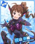  1girl ahoge artist_request blue_background brown_hair character_name idolmaster idolmaster_million_live! official_art side_ponytail solo yokoyama_nao 
