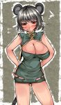 1girl adapted_costume animal_ears aoshima blush breasts cleavage dress_shirt grey_hair hands_on_hips highres large_breasts looking_at_viewer mouse_ears mouse_tail nazrin red_eyes shirt short_hair solo tail touhou 