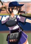  1girl baseball baseball_cap baseball_jersey baseball_mitt baseball_uniform blush breasts brown_eyes brown_hair flight_deck hakama hat highres japanese_clothes kaga_(kantai_collection) kanameya kantai_collection muneate navel nippon_professional_baseball short_hair side_ponytail skirt solo sportswear stadium tasuki yokohama_dena_baystars yugake 